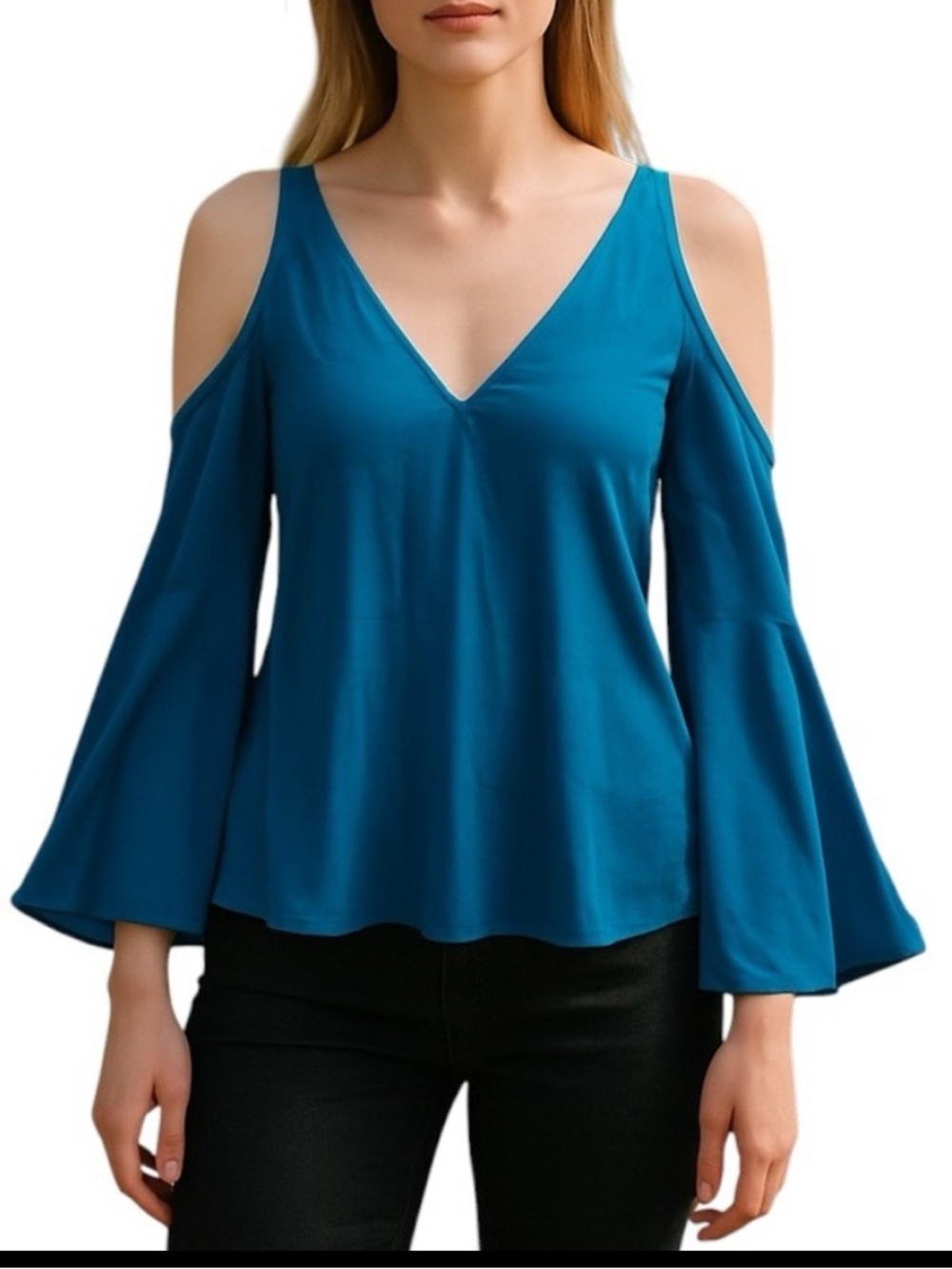 AMANDA UPRICHARD DEEP TEAL BLUE LONG SLEEVE VNECK FLARE FLUTTER BLOUSE TOP